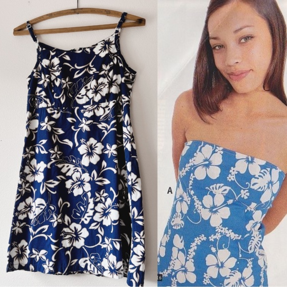 Vintage Hilo Hattie navy blue‎ floral spaghetti strap mini dress XS